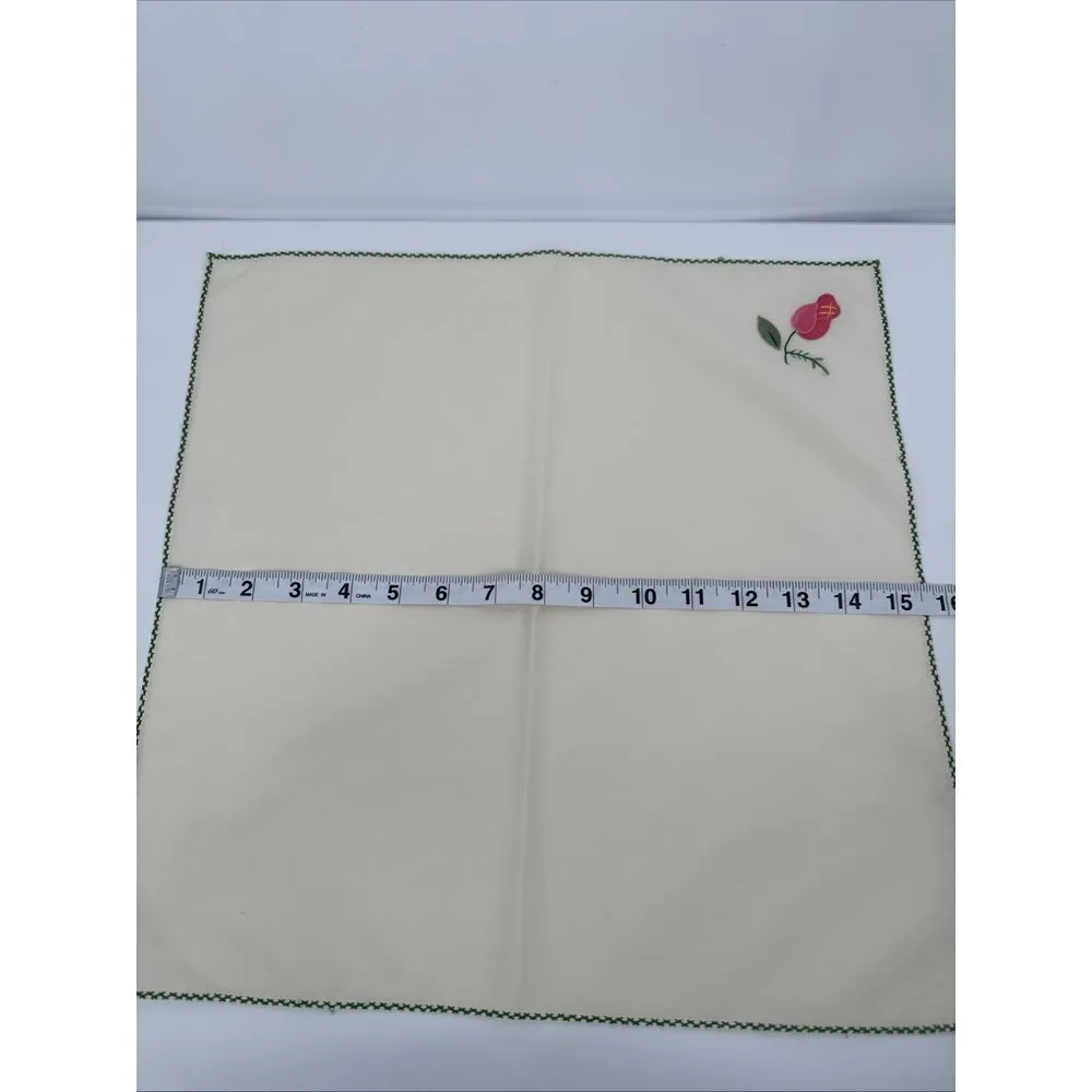 8 Vintage Cream Green‎ Cotton Dinner Napkins, Applique Embroidered Pink Flowers